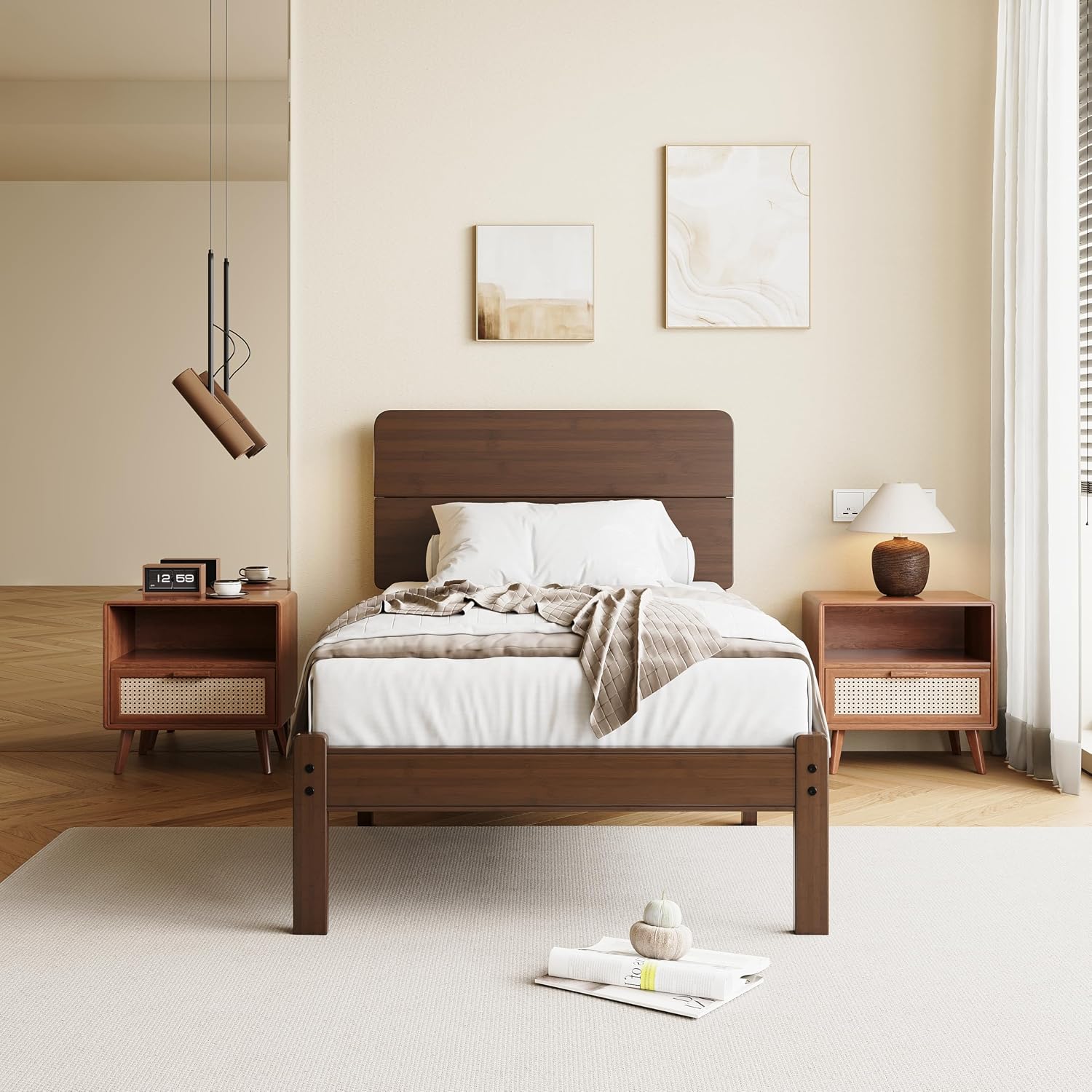 14 Inch High Solid Bamboo Wood Twin Bed Frames with Headboard, Heavy Duty Metal Slat Support, Easy Assembly, No Box Spring Needed