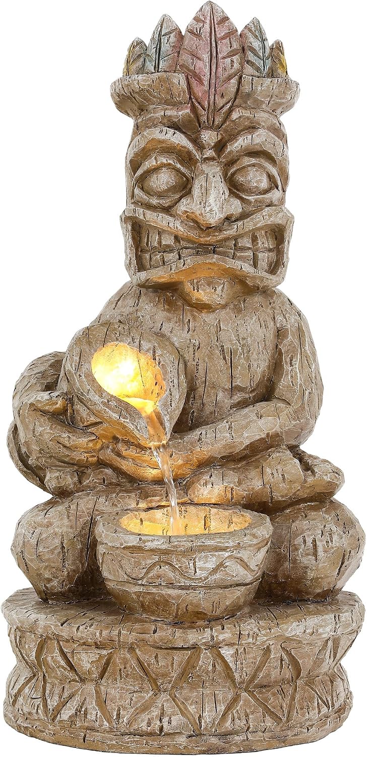 23' Tiki Outdoor Water Fountain, 2-Tier Water Feature with LED Lights, Soothing Cascading Waterfall for Tranquile, Relaxing, Meditative Patio, Backyard, Garden or Porch