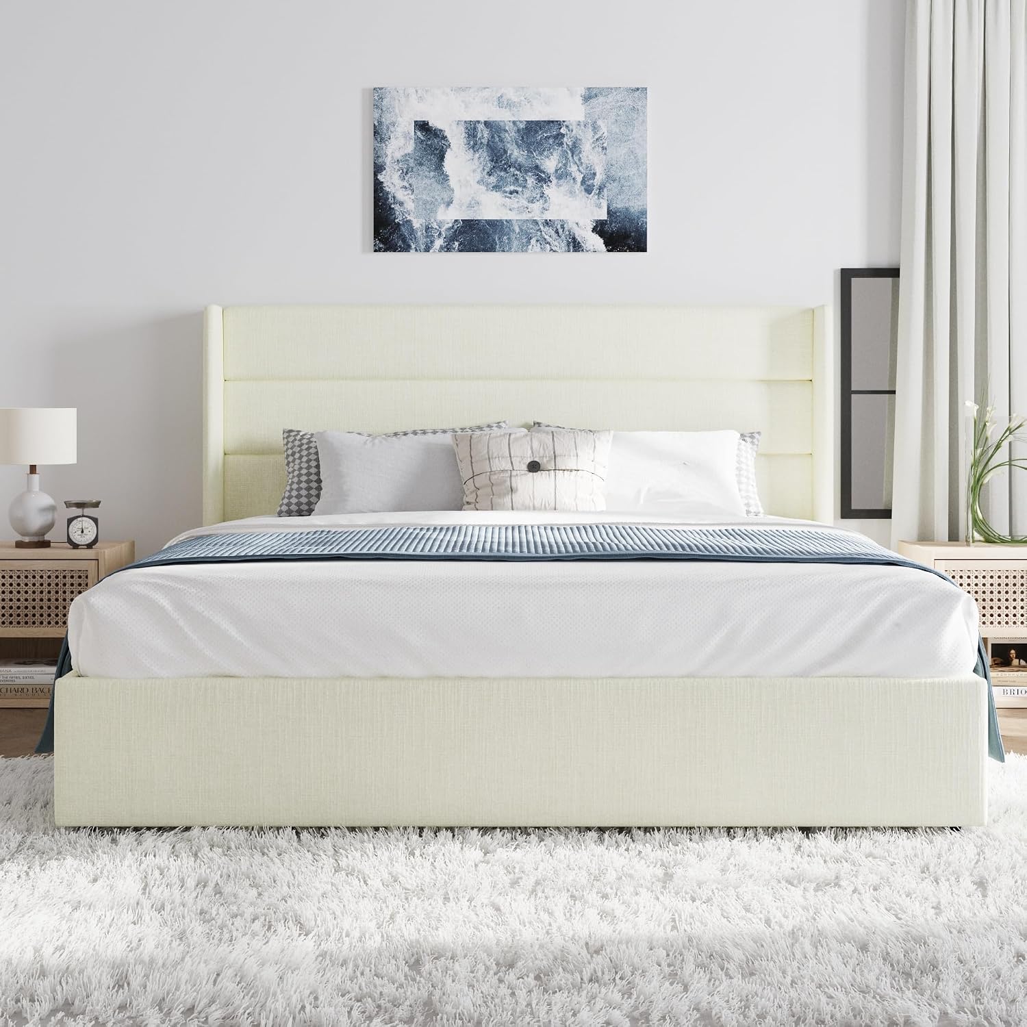 SHA CERLIN King Size Lift Up Storage Bed/Chenille Fabric Upholstered/Modern Wingback Headboard/Platform Bed Frame/Hydraulic Storage/No Box Spring Needed/Wood Slats Support/Cream