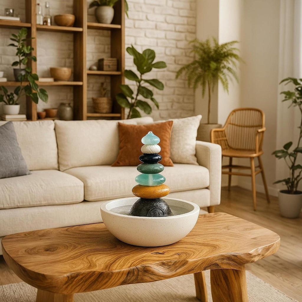 Natural Septuple Rock Cairn Water Fountain with Glass - Indoor Tabletop Water Fountain - Natural Stone & Recycled Glass Water Feature for Home and Office Decor
