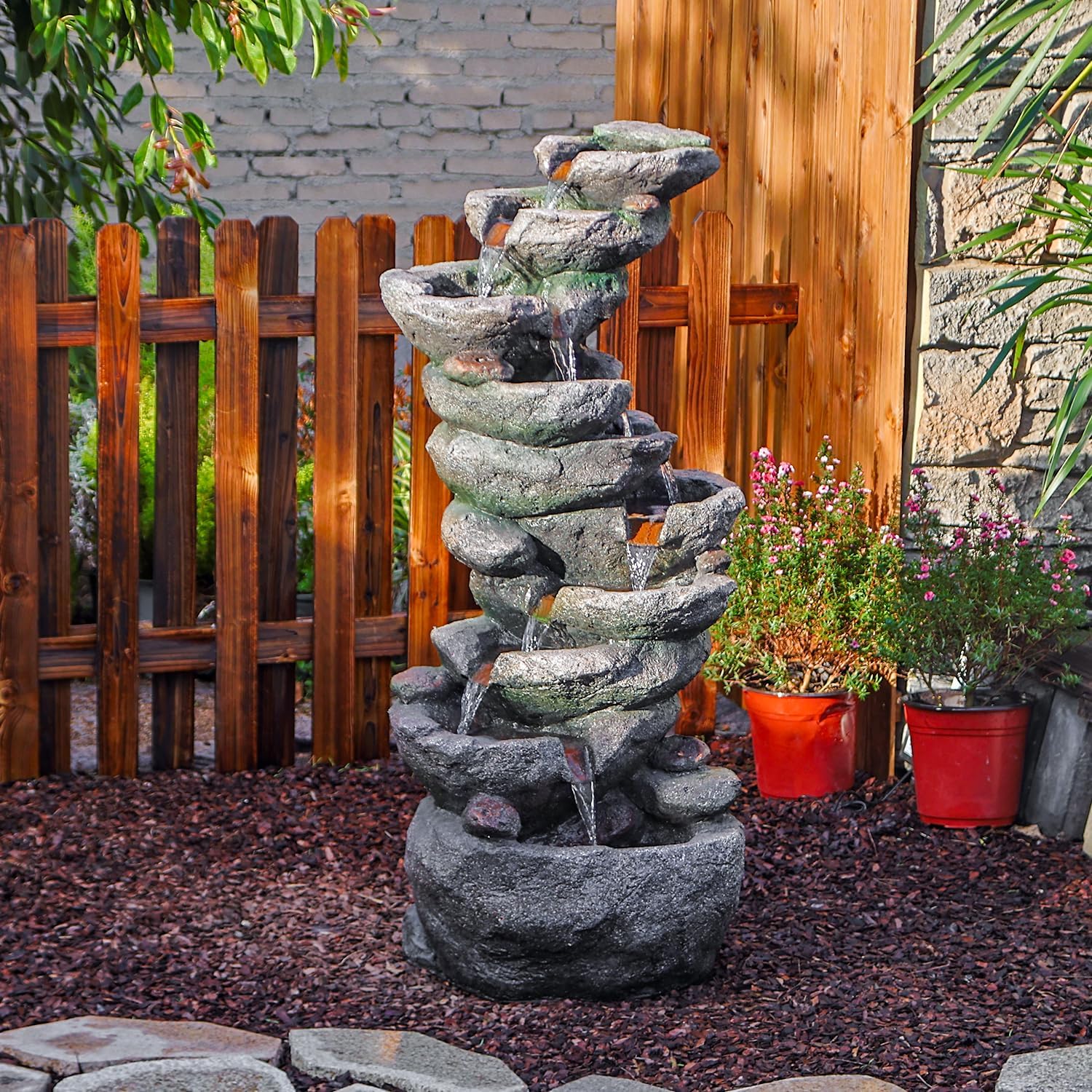 YZM 10-Tier Cascading Rock Water Fountain Outdoor Garden Waterfall Fountains Patio Backyard Deck Porch Pond Art Decor for Outside 39.76' H Outdoor Feature with LED Lights
