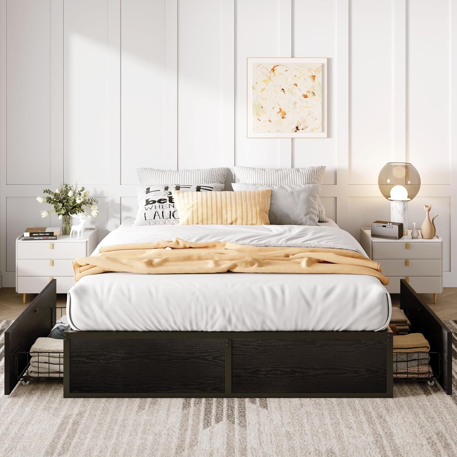 SHA CERLIN Queen Platform Bed Frame with 2 Large Storage Drawers - Heavy Duty Metal & Rustic Wood, Noise-Free, No Box Spring Needed, Black