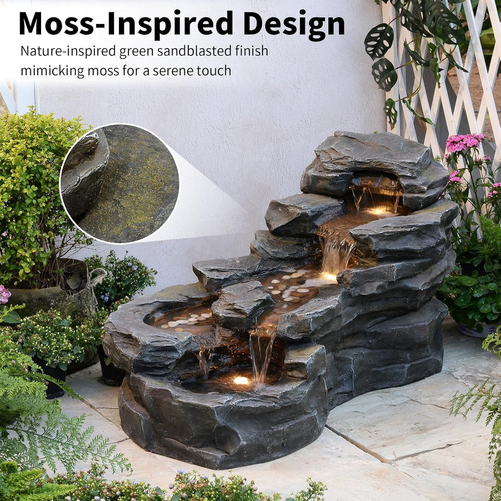 37' L Garden Outdoor Water Fountain, Floor Standing 5-Tiers Rock Natural Waterfall Outdoor Fountains with LED Lights for Patio, Porch, Home Art Decor
