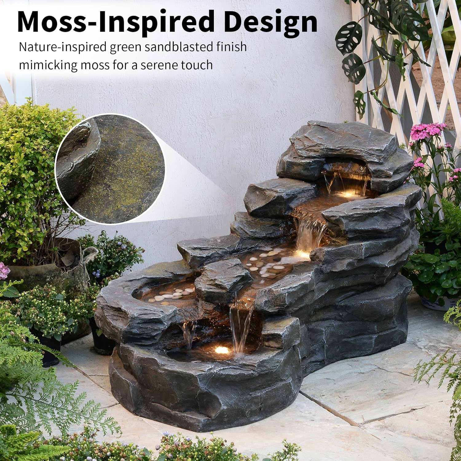 37' L Garden Outdoor Water Fountain, Floor Standing 5-Tiers Rock Natural Waterfall Outdoor Fountains with LED Lights for Patio, Porch, Home Art Decor