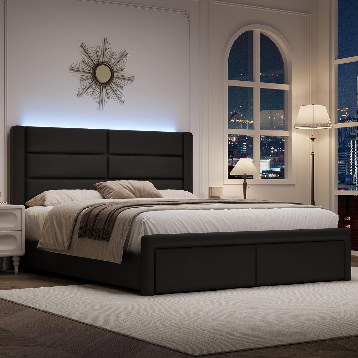 Full Size Upholstered Bed Frame with LED Lights Headboard, Modern Faux Leather Bed Frame with Wooden Slats Support and Heavy Duty Mattress Foundation, No Box Spring Needed, Easy Assembly, Black