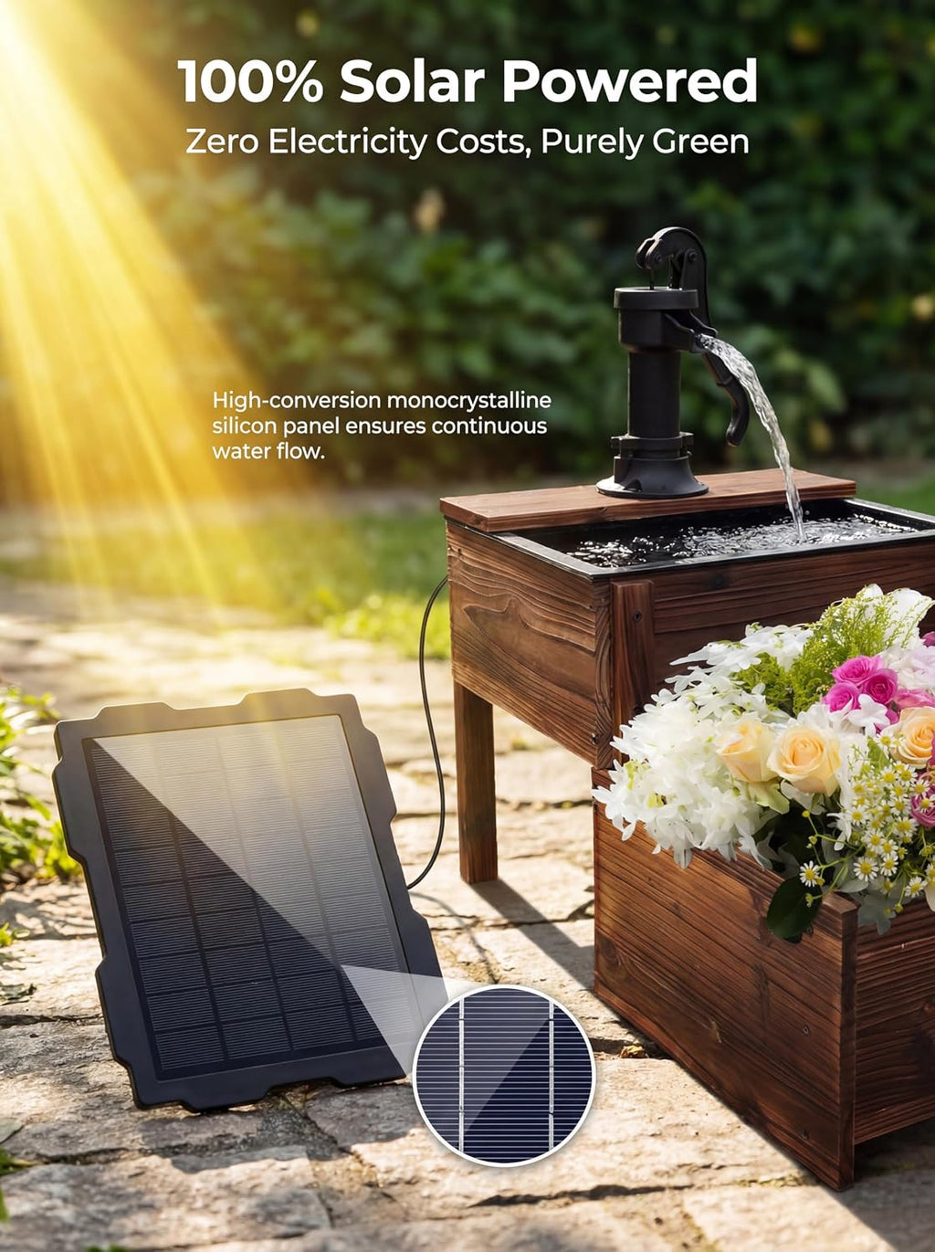 Outdoor Water Fountain, Floor Wooden Rectangular Double-Layer Old-Fashioned Hand Pump Fountain with Flower Box, Solar-Powered Electric Decorative Water Feature for Garden Patio Backyard
