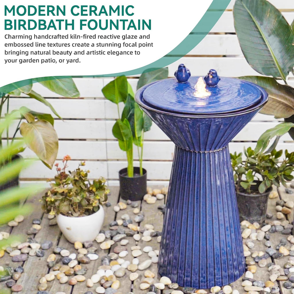 28' Tall Ceramic Outdoor Fountain and Waterfalls, Patio Fountain with LEDs, Birdbath for Outside, Soothing Water Feature for Relaxing Front Porch, Garden, Backyard, Cobalt Blue, 2KD Birds