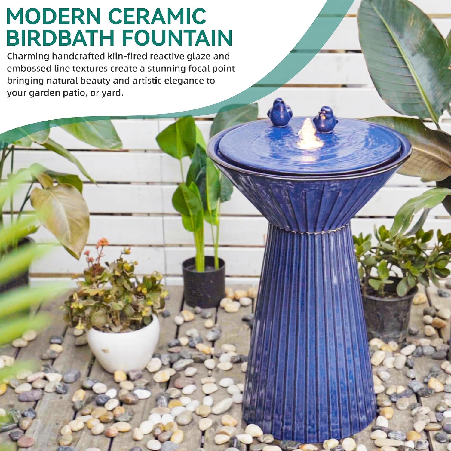28' Tall Ceramic Outdoor Fountain and Waterfalls, Patio Fountain with LEDs, Birdbath for Outside, Soothing Water Feature for Relaxing Front Porch, Garden, Backyard, Cobalt Blue, 2KD Birds