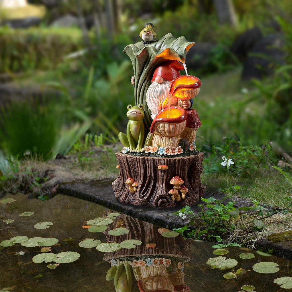 Kalona Gnome Outdoor Waterfall Fountain with LED Lights, Resin Tree Stump Waterfall Fountain for Patio Balcony Yard, 21' Tall Garden Water Feature 25007