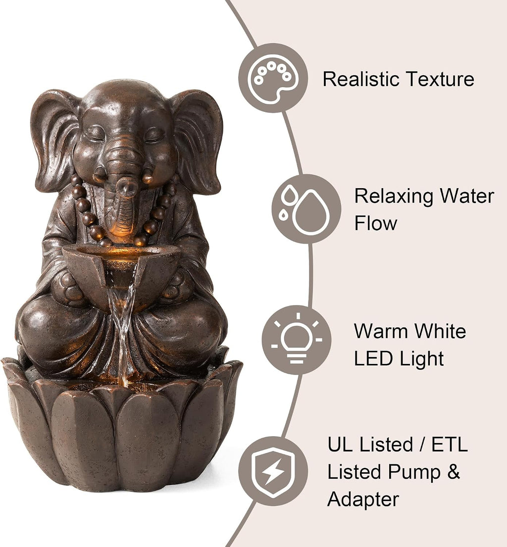 Glitzhome Outdoor Fountains, Water Fountains Outdoor with Lights&Pump, 21.75' H 2-Tiered Zen-Style Bronze Polyresin Elephant Garden Fountain Floor Standing Waterfall for Patio, Porch, or Yard Decor