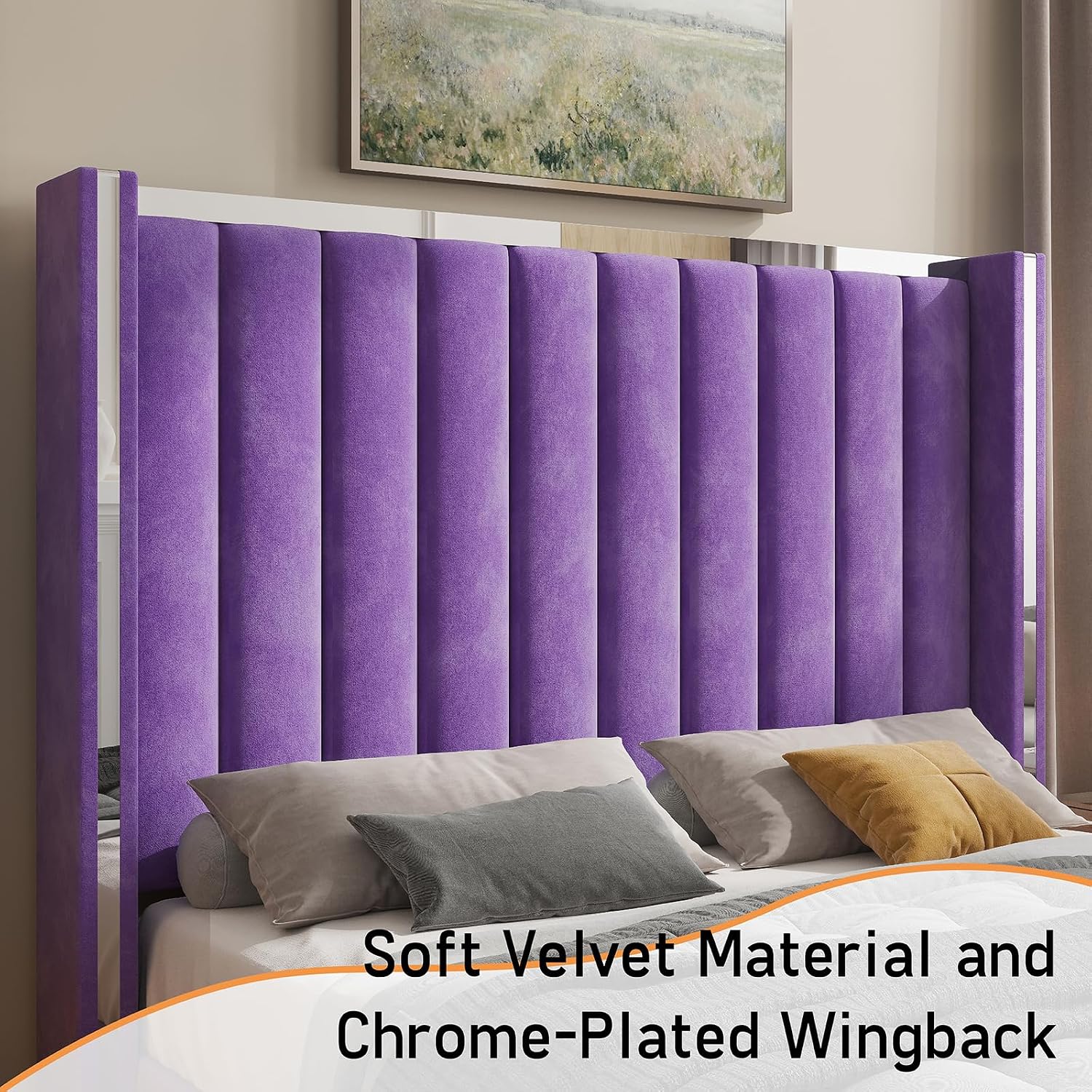 Jocisland Queen Bed Frame with 58' Tall Headboard, Velvet Upholstered Platform Bed with Channel Tufted Wingback Headboard and Plating Trim, No Box Spring Needed, Purple