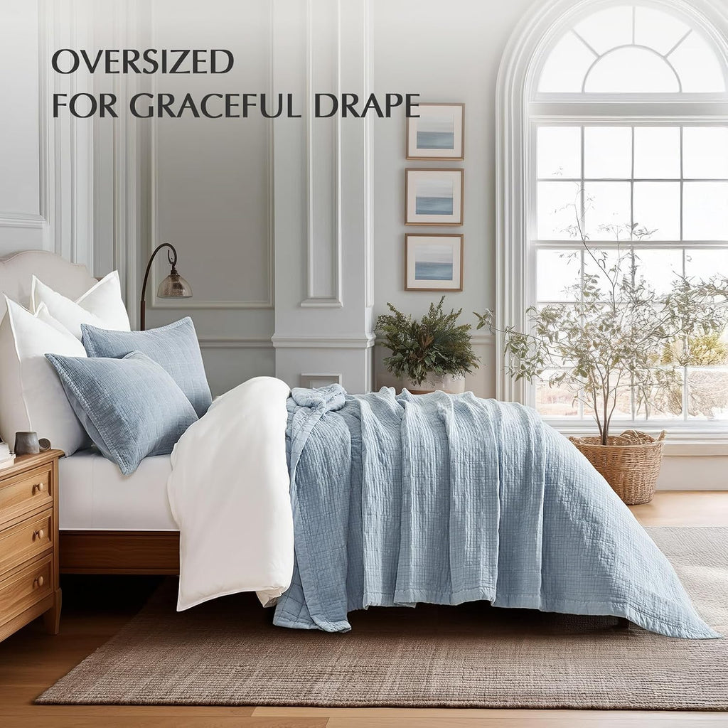 EVERGRACEHOME Stonewashed Cotton Quilt Set King Size, Ultra Soft Oversized Bedspread Coverlet Set, Lightweight Crinkle Box Stitch Bedding Sets for All Season, with 2 Matching Shams, Blue Linen