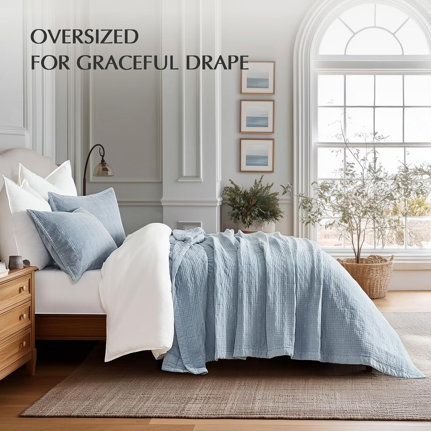 EVERGRACEHOME Stonewashed Cotton Quilt Set King Size, Ultra Soft Oversized Bedspread Coverlet Set, Lightweight Crinkle Box Stitch Bedding Sets for All Season, with 2 Matching Shams, Blue Linen