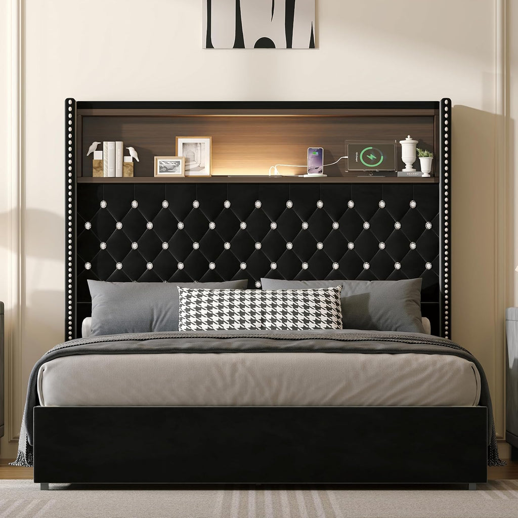 JIVOIT Full Size Bed Frame with Storage, Velvet Tufted Soft Bed Frame with 52'' High Headboard with Rivet Decoration, Wing-Back Platform Bed with Headboard Shelf, No Box Spring Needed (Black,Full,42)