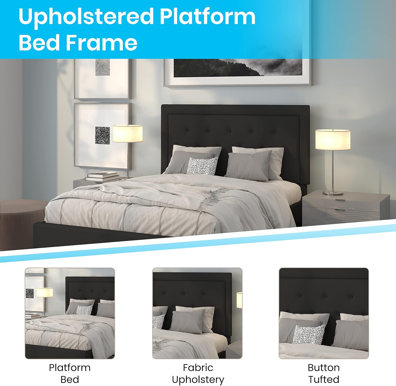 Flash Furniture Roxbury Queen Size Tufted Upholstered Platform Bed in Black Fabric