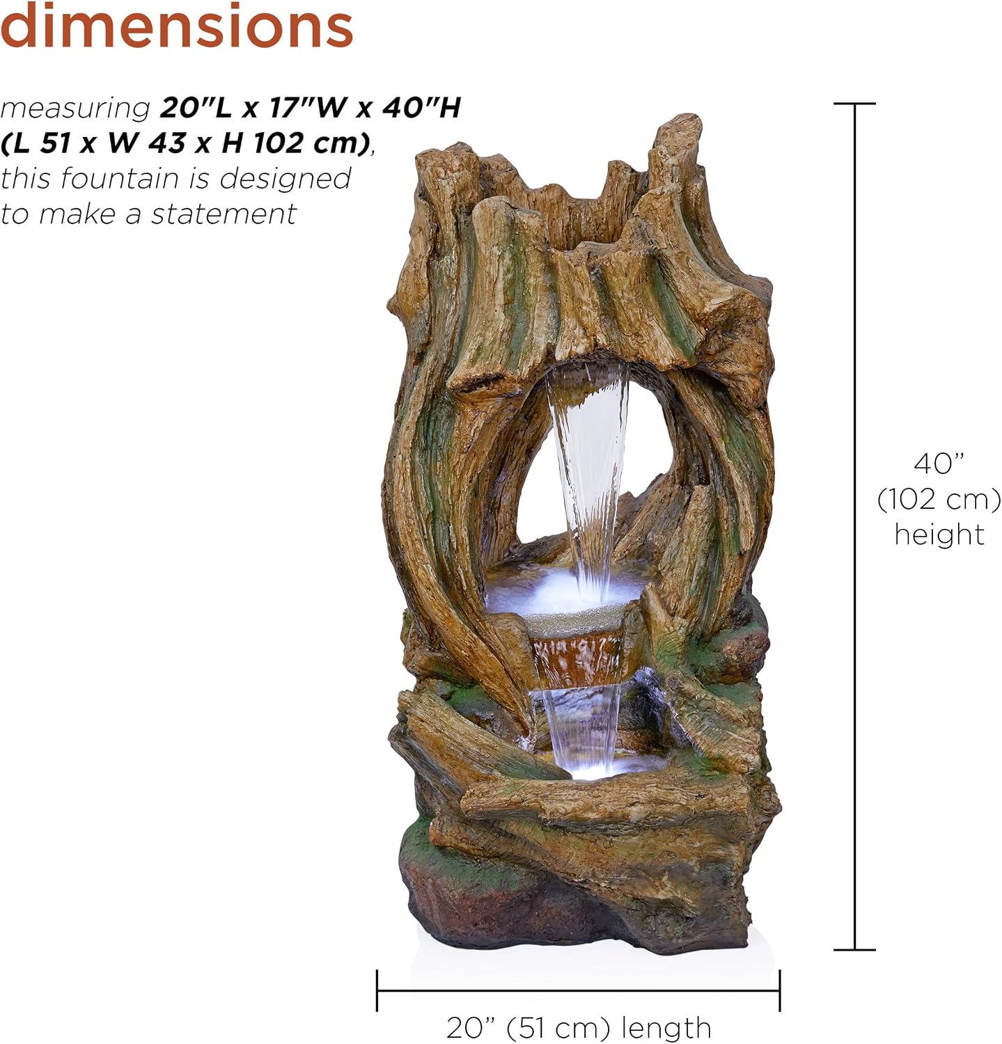 Alpine Corporation 40' Tall Open Tree Trunk Floor Fountain with Cool White LED Lights, Tiered Garden Decor, Brown