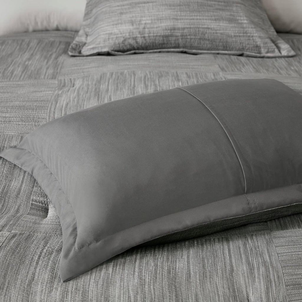 Madison Park Walter Comforter - Luxe Seersucker Print Design, All Season Down Alternative Bedding, Matching Shams, Bedskirt, Decorative Pillows, Grey King(104'x92') 7 Piece