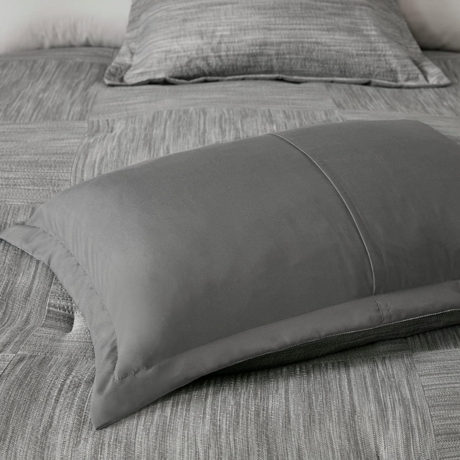 Madison Park Walter Comforter - Luxe Seersucker Print Design, All Season Down Alternative Bedding, Matching Shams, Bedskirt, Decorative Pillows, Grey King(104'x92') 7 Piece