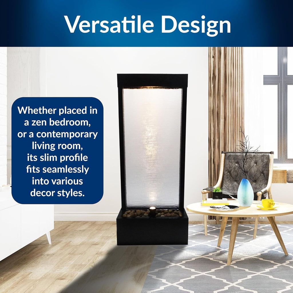 Alpine Corporation MLT170S 48' Indoor Outdoor Waterfall Fountain with LED Light Modern Glass & Aluminum Black Wall Water Feature for Home, Patio, Garden Décor Soothing Cascading Indoor Water Fountain