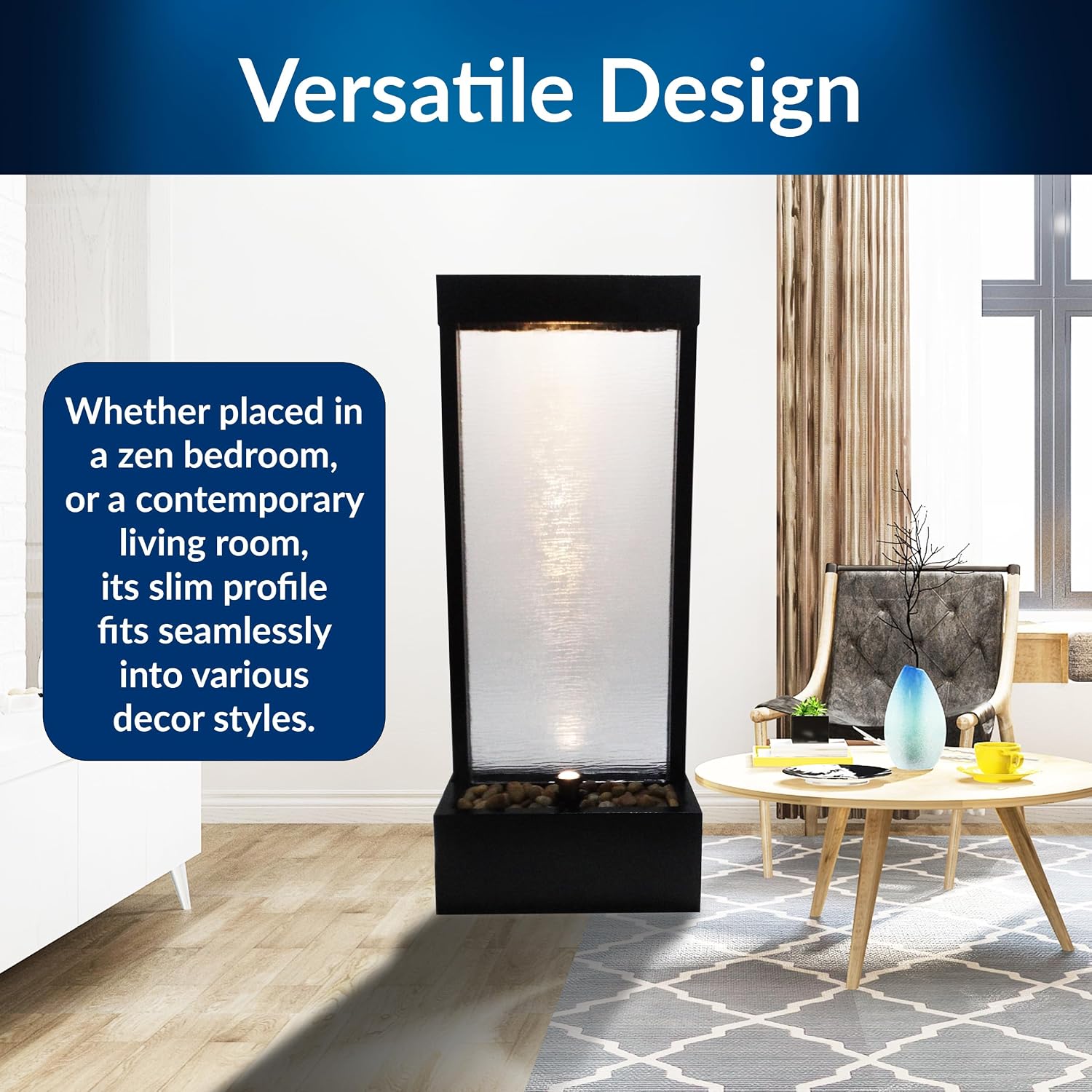 Alpine Corporation MLT170S 48' Indoor Outdoor Waterfall Fountain with LED Light Modern Glass & Aluminum Black Wall Water Feature for Home, Patio, Garden Décor Soothing Cascading Indoor Water Fountain