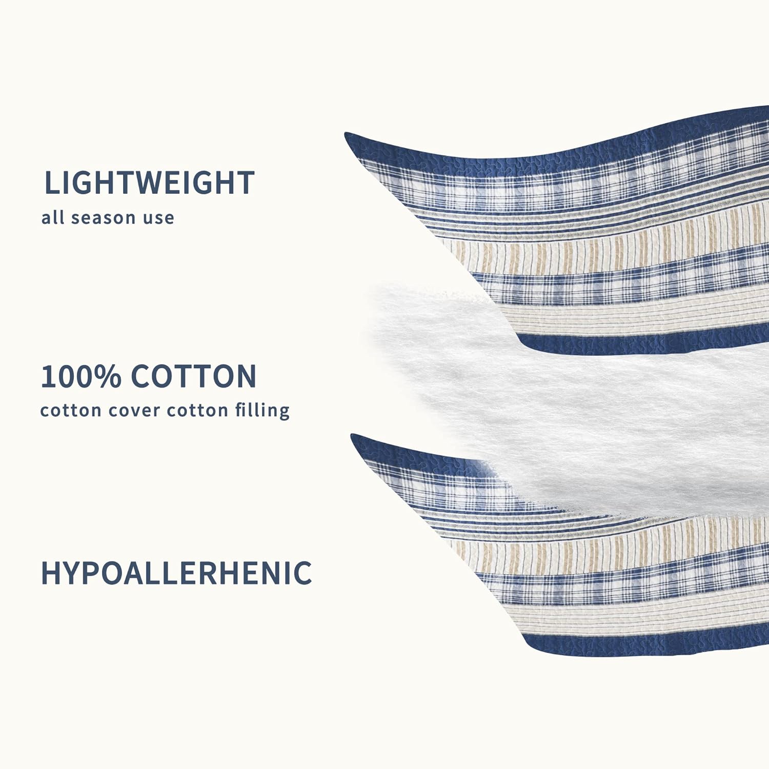Homzard King Size Comforter Set - 100% Cotton Blue White Tan Quilt King Size,Farmhouse Plaid Striped Bedspread Set,Reversible Lightweight Quilts 3 Pieces