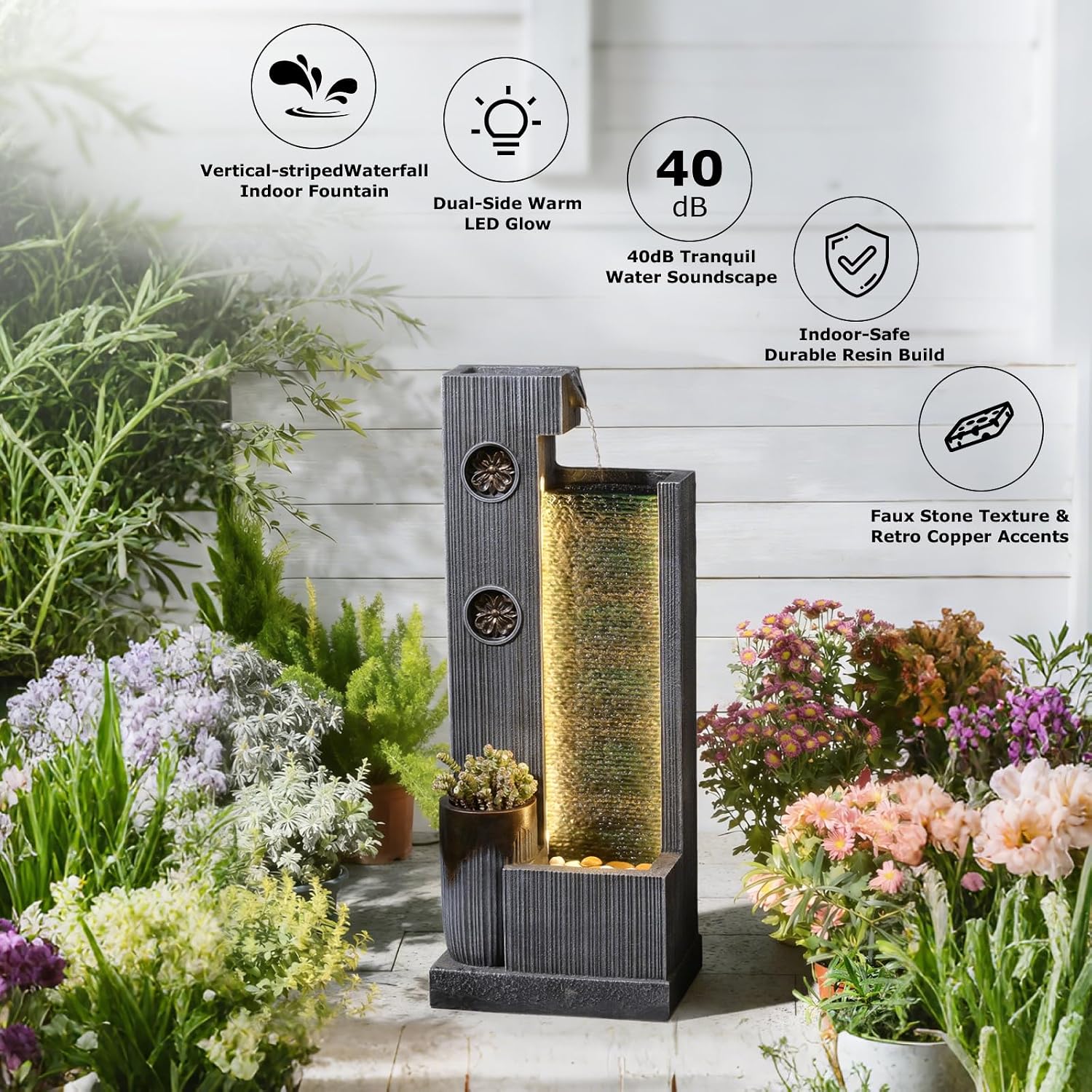37'' Tall Waterfall Fountain Indoor Modern Outdoor Water Fountains with LED Light,Vertical Striped Texture Floor Standing Water Feature for Patio, Yard, Garden or Home Decor