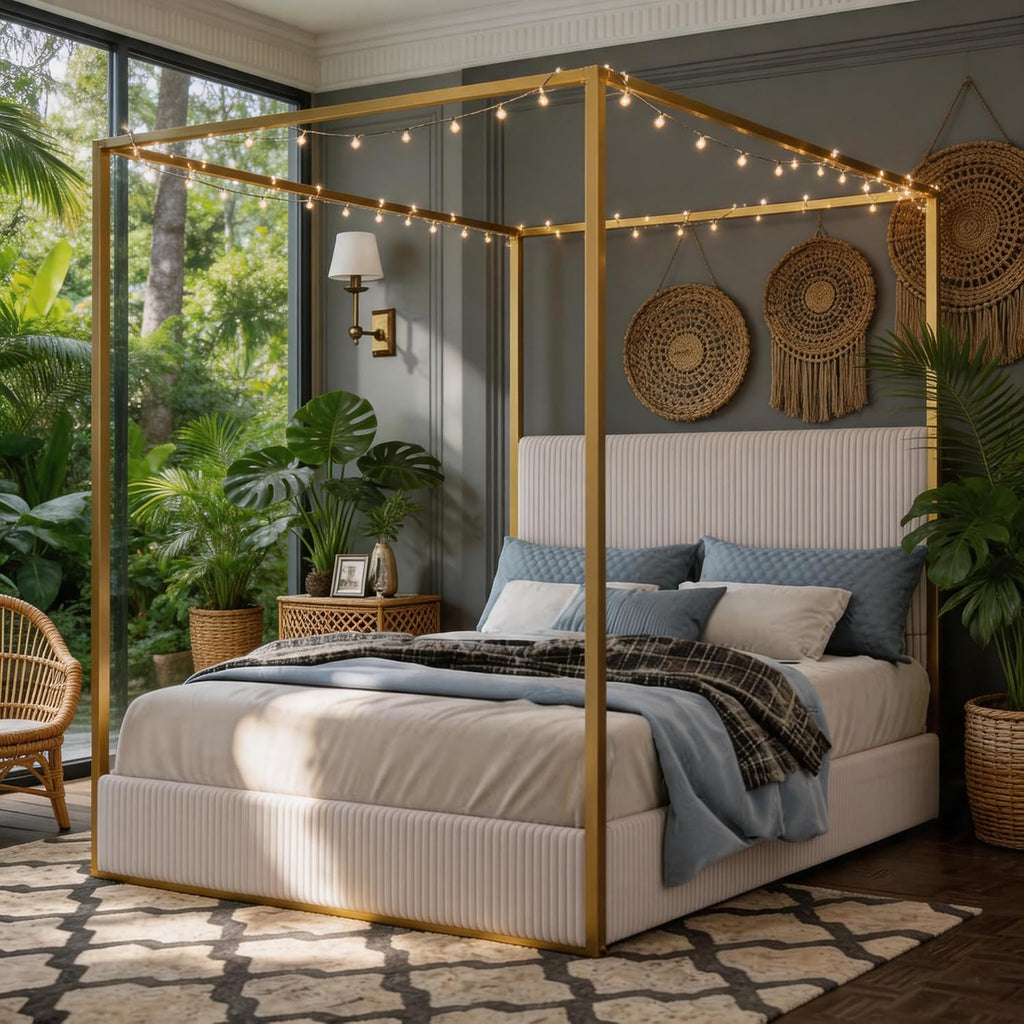 King Size Canopy Bed with Tall Upholstered Channel Headboard, Metal 4 Poster Upholstered Bed, No Box Spring Needed (Gold + Beige, King)