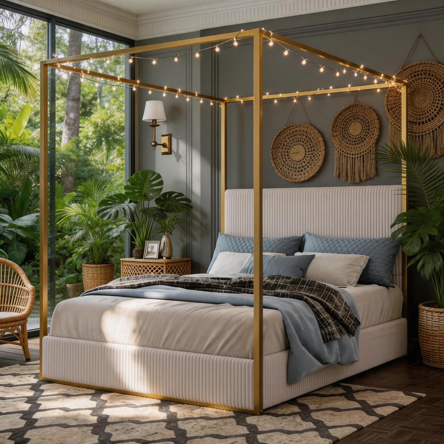 King Size Canopy Bed with Tall Upholstered Channel Headboard, Metal 4 Poster Upholstered Bed, No Box Spring Needed (Gold + Beige, King)
