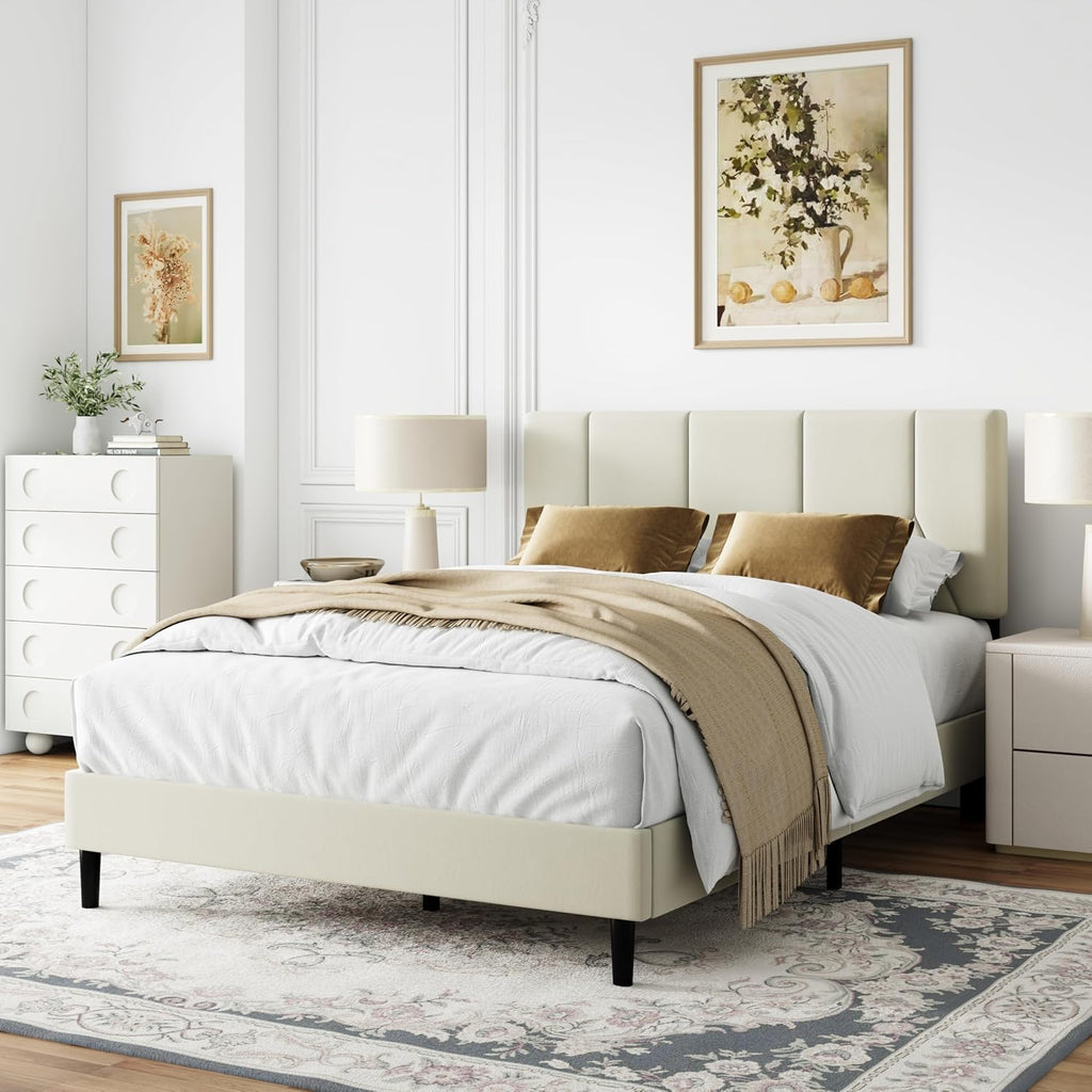 IOILORI Full Size Bed Frame Platform with Velvet Upholstered Headboard, Sturdy Wooden Slats, No Spring Box, No Noise, Easy to Assemble, Bedframe with Strong Wooden Slats, Beige