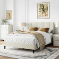 IOILORI Full Size Bed Frame Platform with Velvet Upholstered Headboard, Sturdy Wooden Slats, No Spring Box, No Noise, Easy to Assemble, Bedframe with Strong Wooden Slats, Beige