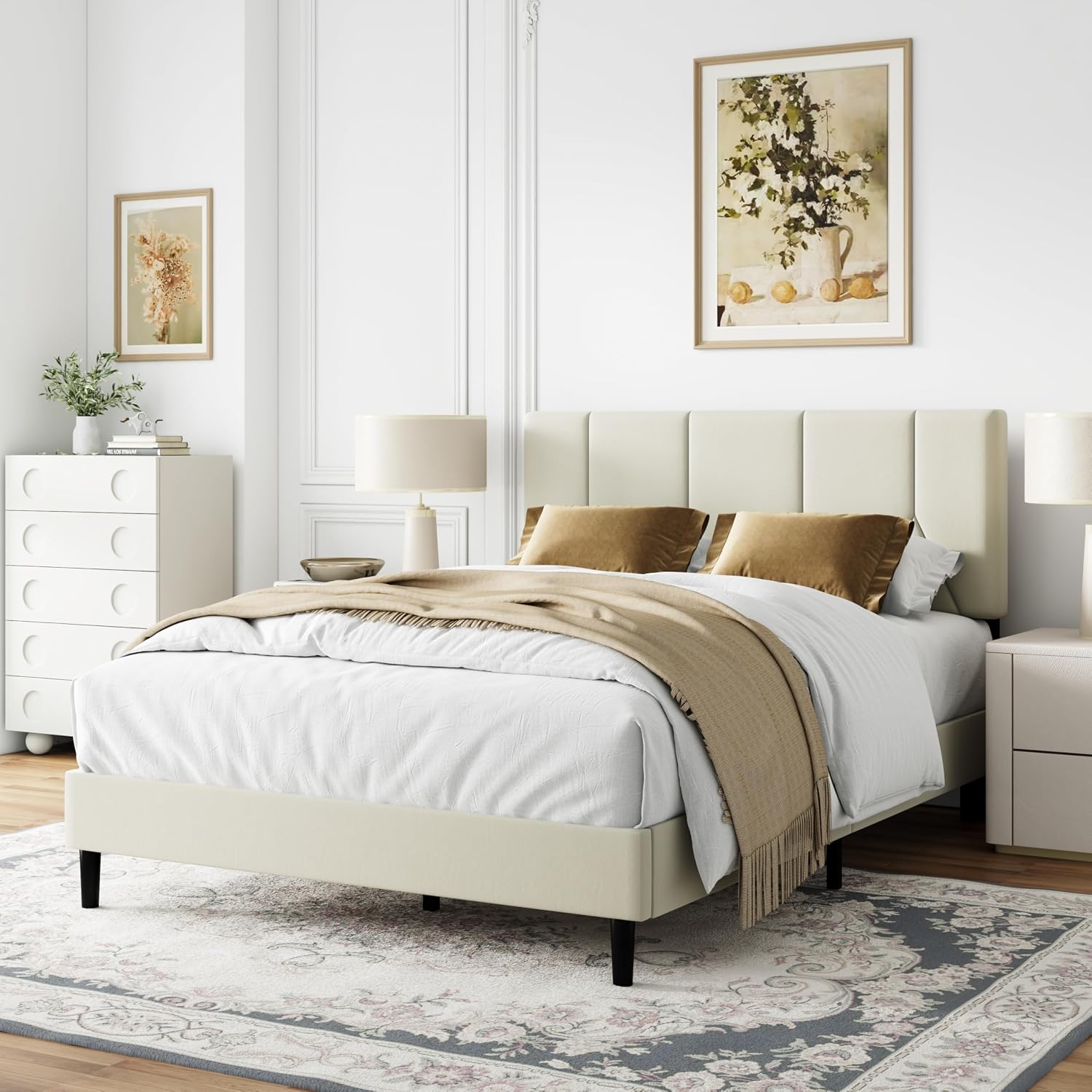 IOILORI Full Size Bed Frame Platform with Velvet Upholstered Headboard, Sturdy Wooden Slats, No Spring Box, No Noise, Easy to Assemble, Bedframe with Strong Wooden Slats, Beige