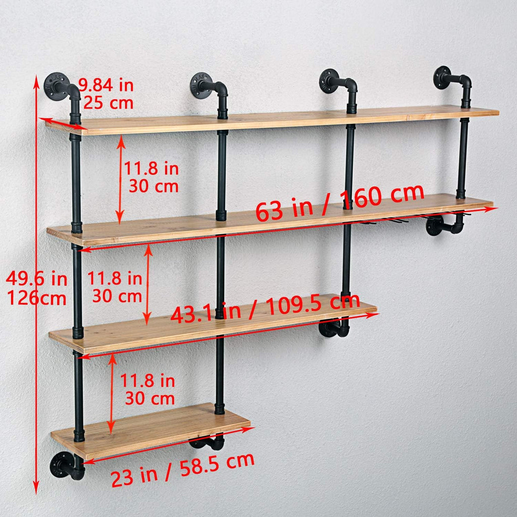 MBQQ 4-Tiers 63inch Industrial Pipe Shelving,Rustic Wooden&Metal Floating Shelves,Home Decor Shelves Wall Mount with Wine Rack,Black