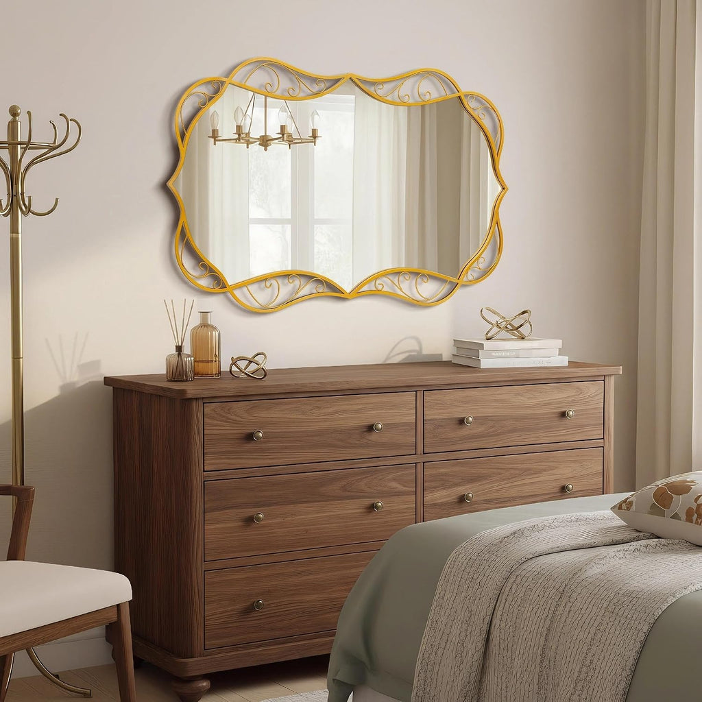 Besdomus Bathroom Gold Wall Mirror: 30'x48' Scalloped Modern Large Wall Mounted Mirror - Farmhouse Vanity Mirror Vertical or Horizontal Hanging - Home Decor for Bathroom/Living Room/Entryway