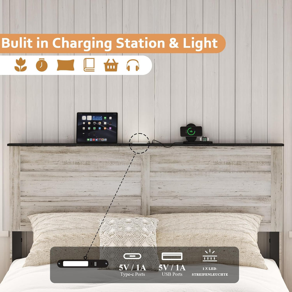 Wooden Bed Frame Queen Size with Headboard & Sliding Barn Door Storage Footboard, Farmhouse Platform Bedframe with Charging Station and LED Lights, No Box Spring Needed, Boho White