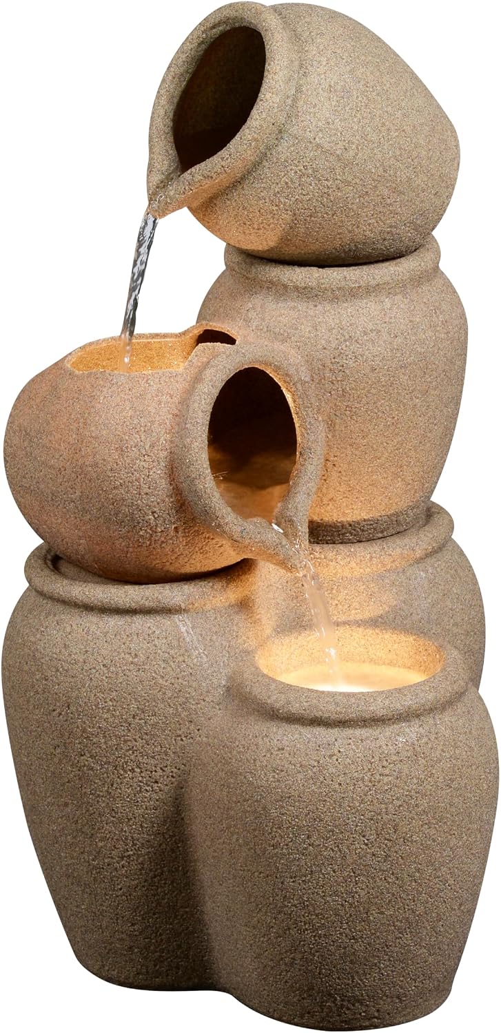 29.53' H 3-Tiers Cascading Jars Outdoor Water Fountain Made with Eco-Friendly Recyclable Materials, Polyethylene Waterfall Fountain, Outdoor Decor with LED Lights for Patio, Backyard