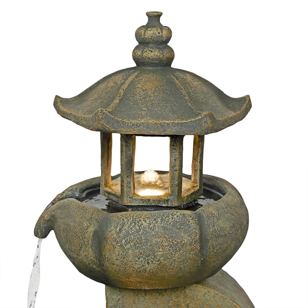 Alpine Corporation 32' Tall 2-Layer Pagoda Polystone Fountain with LED Lights, Cascading Waterfall, Outdoor Garden and Patio Water Feature, Zen Decor, Relaxing Sound, Brown
