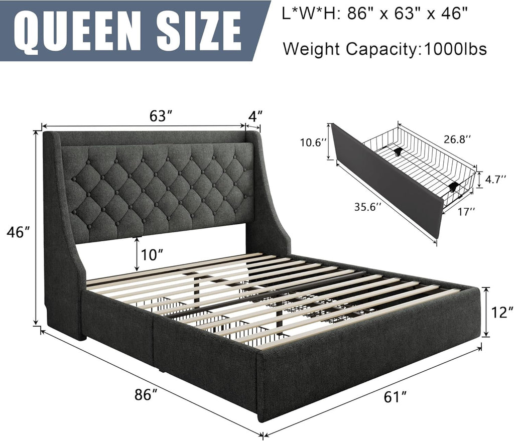 Queen Size Bed Frame with 4 Storage Drawers, Linen Upholstered Platform Bedframe w/Headboard, Button Tufted Wingback, Charging Station, Sturdy Wooden Slats, No Box Spring Needed, Dark Grey