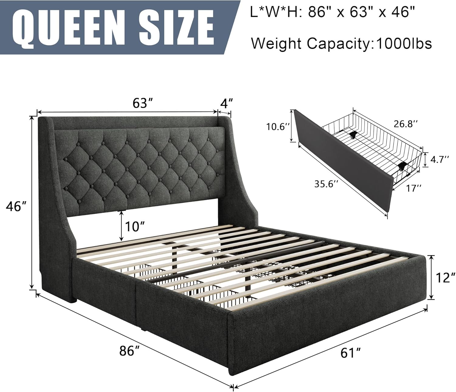 Queen Size Bed Frame with 4 Storage Drawers, Linen Upholstered Platform Bedframe w/Headboard, Button Tufted Wingback, Charging Station, Sturdy Wooden Slats, No Box Spring Needed, Dark Grey
