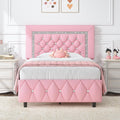 HOMBCK Twin Bed Frame with Diamond Headboard, Faux Leather Upholstered Platform Bed, Mattress Foundation, No Box Spring Needed, Easy Assembly, Pink
