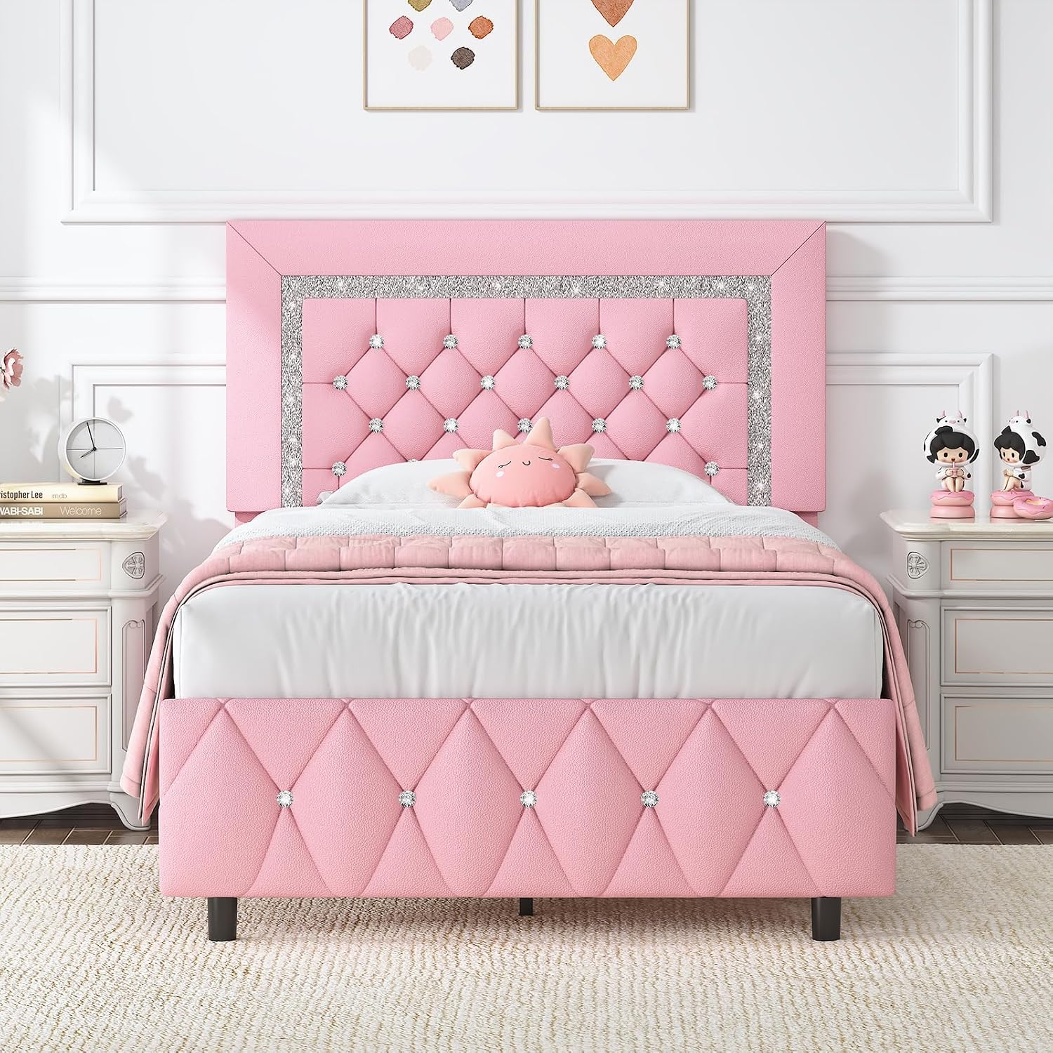 HOMBCK Twin Bed Frame with Diamond Headboard, Faux Leather Upholstered Platform Bed, Mattress Foundation, No Box Spring Needed, Easy Assembly, Pink