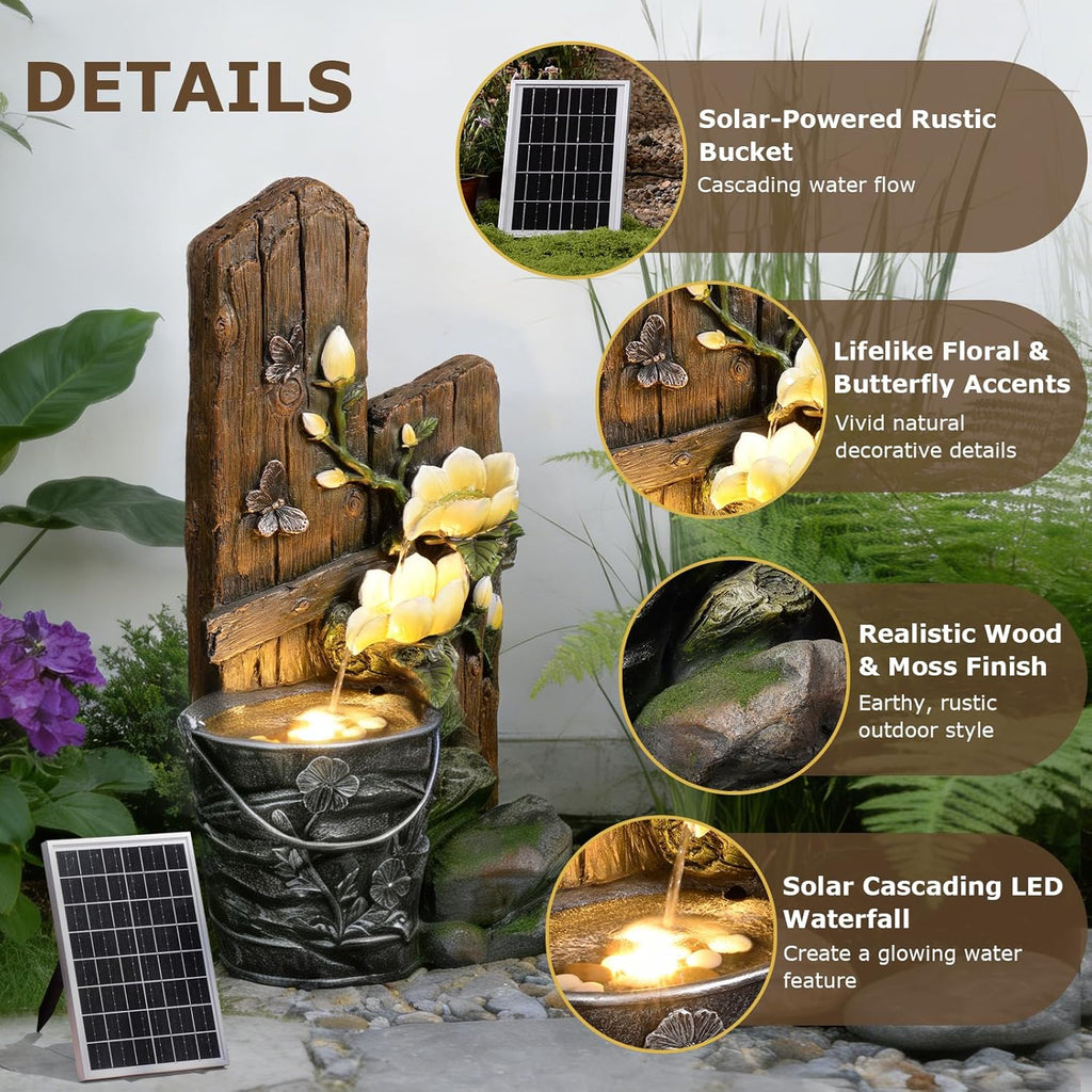 30.7' Tall Solar Water Fountain Outdoor Garden, 3 Tier Rustic Solar Powered Fountain Outdoor Faux Iron Bucket with LED Lights for Garden, Patio, Backyard, Deck, Porch, Yard