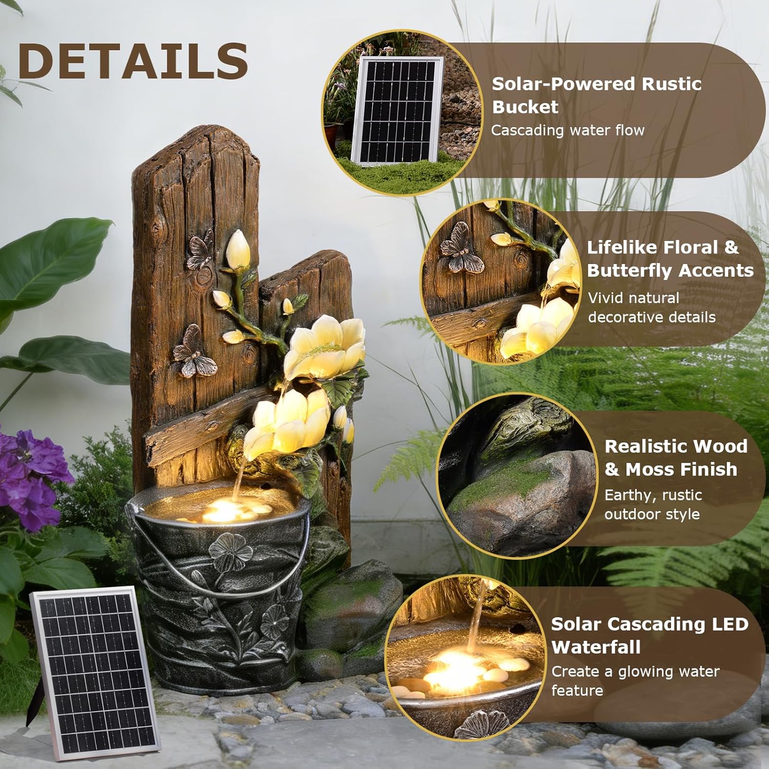 30.7' Tall Solar Water Fountain Outdoor Garden, 3 Tier Rustic Solar Powered Fountain Outdoor Faux Iron Bucket with LED Lights for Garden, Patio, Backyard, Deck, Porch, Yard