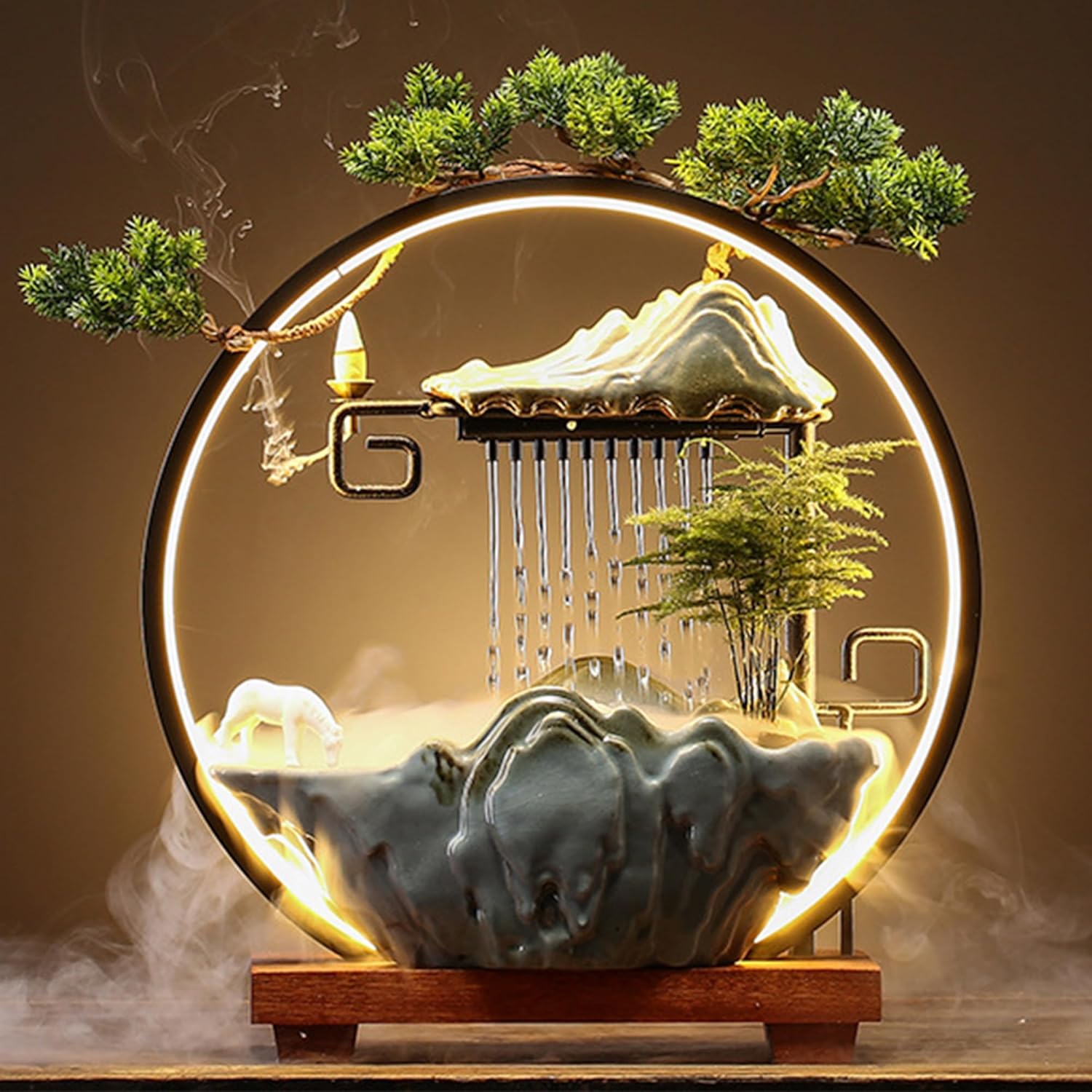 Horse Tabletop Fountain Indoor Waterfall Fountain Office Tabletop Water Fountain with Lights Backflow Incense Burner Ceramic Fountain Indoor Zen Decor for Home Office Yoga Meditation (Horse)