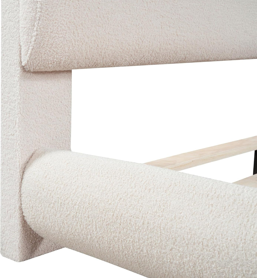 KLMM Teddy Fleece Full Size Upholstered Platform Bed with Thick Fabric, Solid Frame and Stylish Curve-Shaped Design,for Kids Teens Adults Bedroom (Beige@Teddy Fleece/, Full)