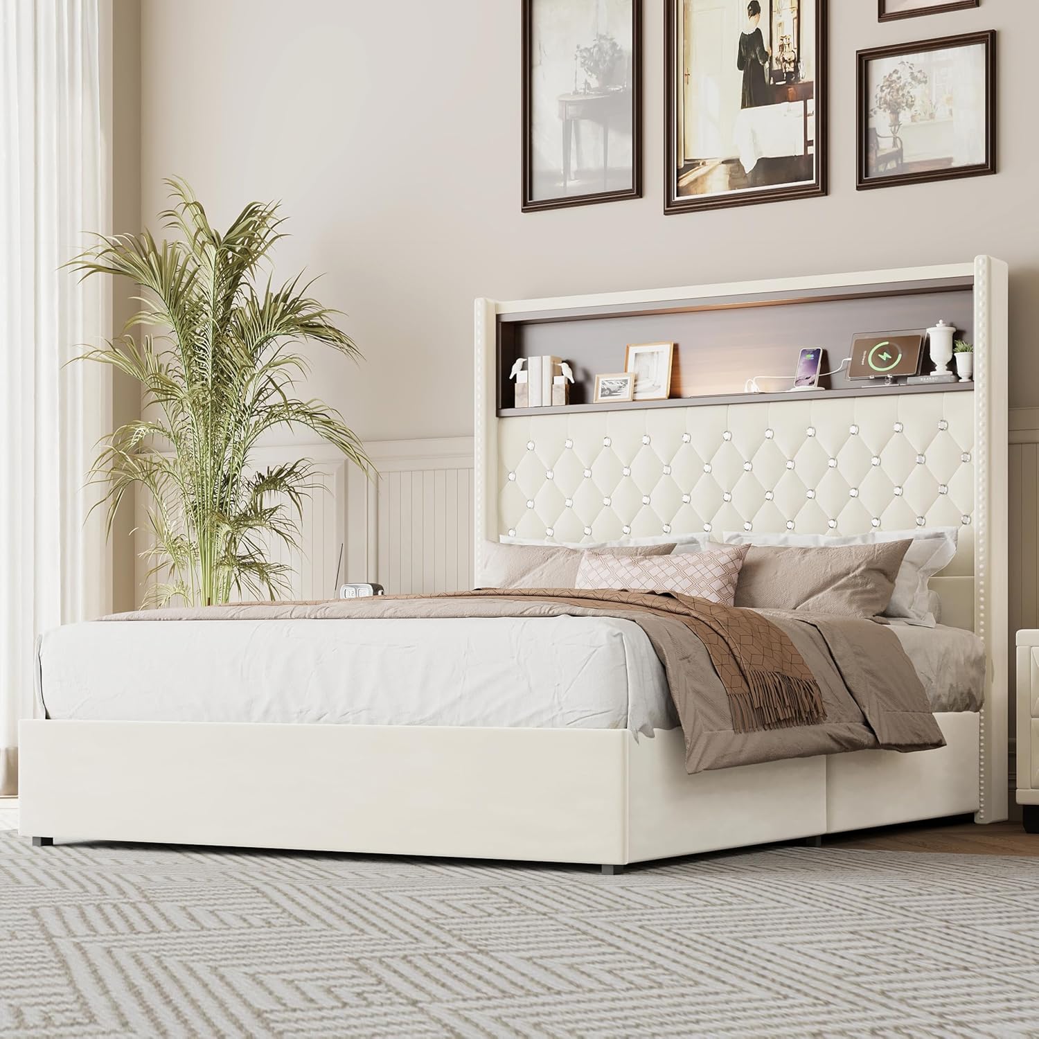 JIVOIT Full Size Bed Frame with Storage, Velvet Tufted Soft Bed Frame with 52'' High Headboard with Rivet Decoration, Wing-Back Platform Bed with Headboard Shelf, No Box Spring Needed (Beige,Full,42)
