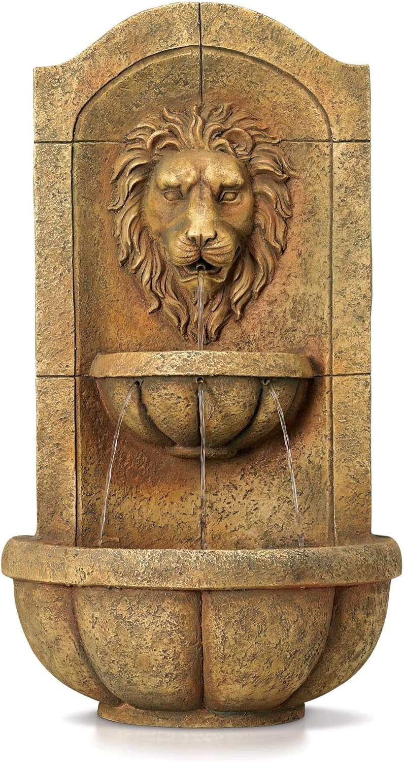 Royal Lion Head 29 1/2' High Large Italian Indoor Outdoor Decor Faux Stone Wall Fountain with Light LED Statue Waterfall Tiered Water Feature for Outside Garden Patio Yard Backyard - John Timberland