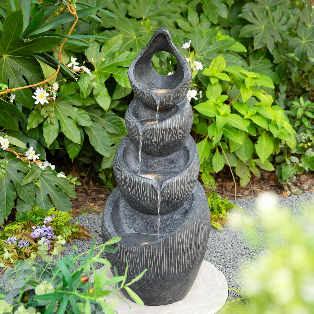 Glitzhome Outdoor Fountain with Lights & Pump, 34' H 4-Tiered Cascading Zen-Style Water Fountain Outdoor, Alms Bowl Polyresin Waterfall Water Feature for Garden, Patio, Yard, Deck Decor