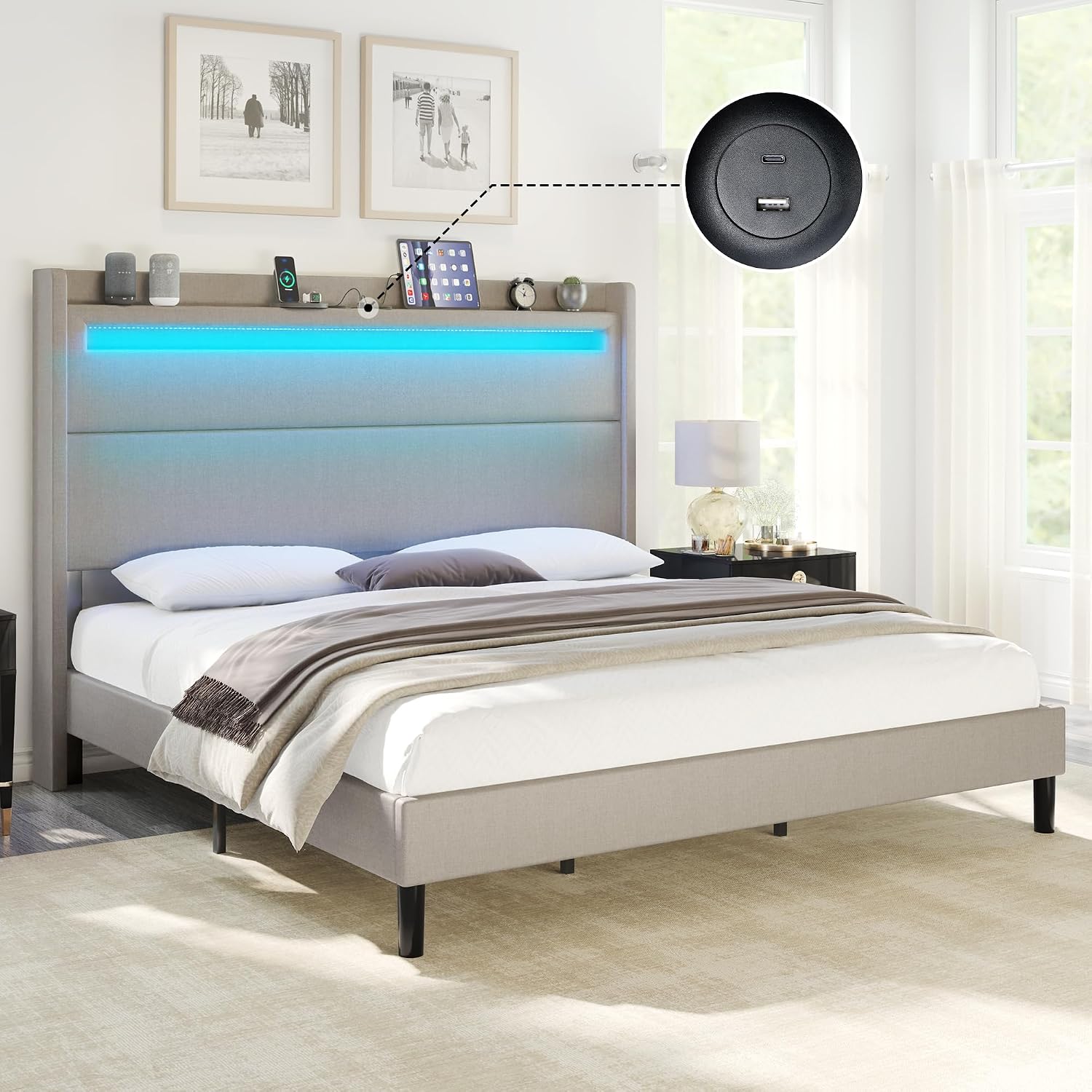 AMERLIFE Queen Bed Frame with LED Light & Wingback Headboard, Upholstered Platform Bed with USB & USB-C Ports, No Box Spring Needed/Noise Free/Light Grey