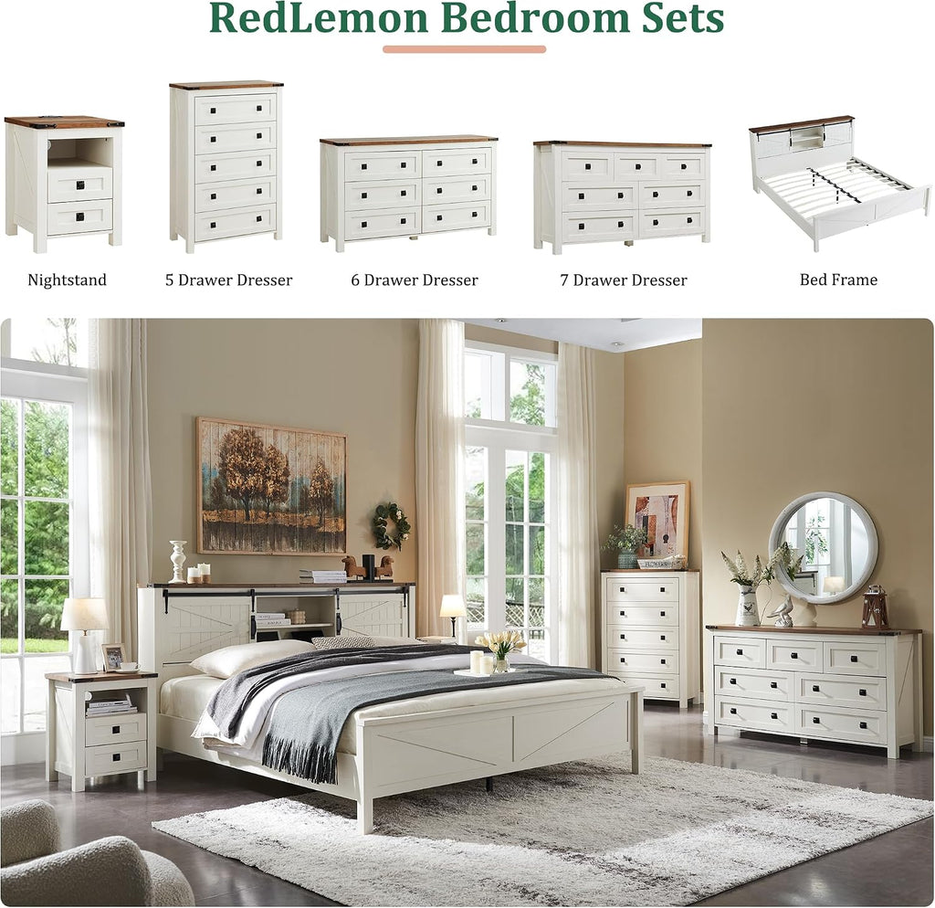 RedLemon Farmhouse 5 Drawer Dresser, 48' Tall Rustic Chest of Drawers, Wood Dresser for Bedroom, Living Room, Hallway, Antique White