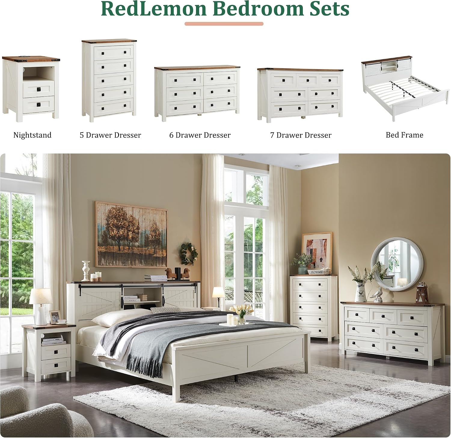 RedLemon Farmhouse 5 Drawer Dresser, 48' Tall Rustic Chest of Drawers, Wood Dresser for Bedroom, Living Room, Hallway, Antique White